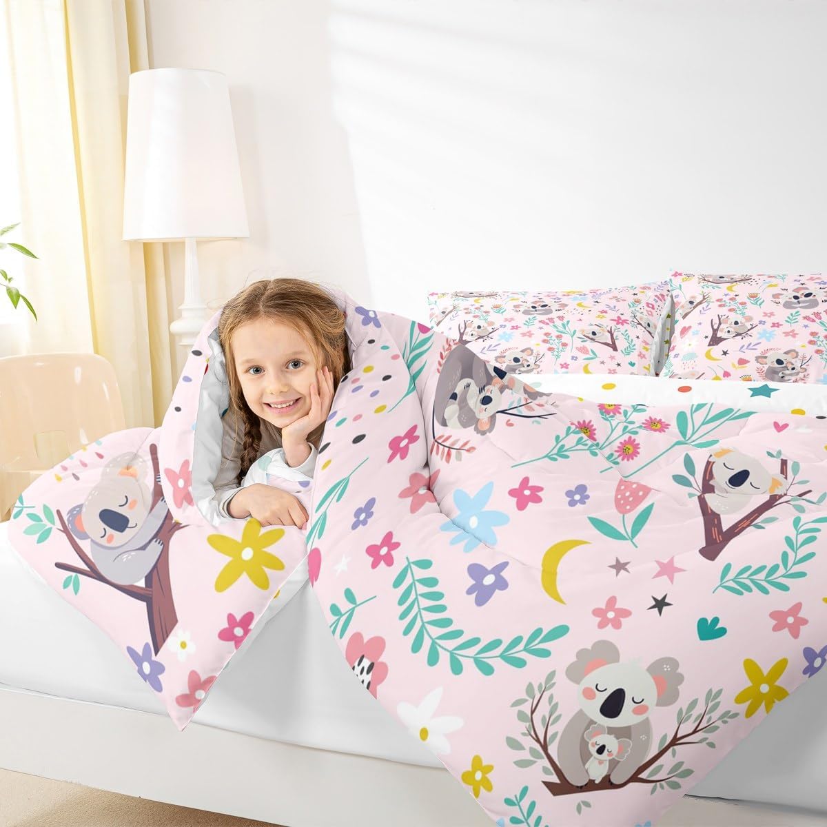 Erosebridal Floral Koala Girls Toddler Bedding Set for Kids Baby Pink Jungle Animal Comforter Spring Botanical Cartoon Floral Flower Duvet Insert Dreamy Fantasy Girly Preppy Cute Bed Sets