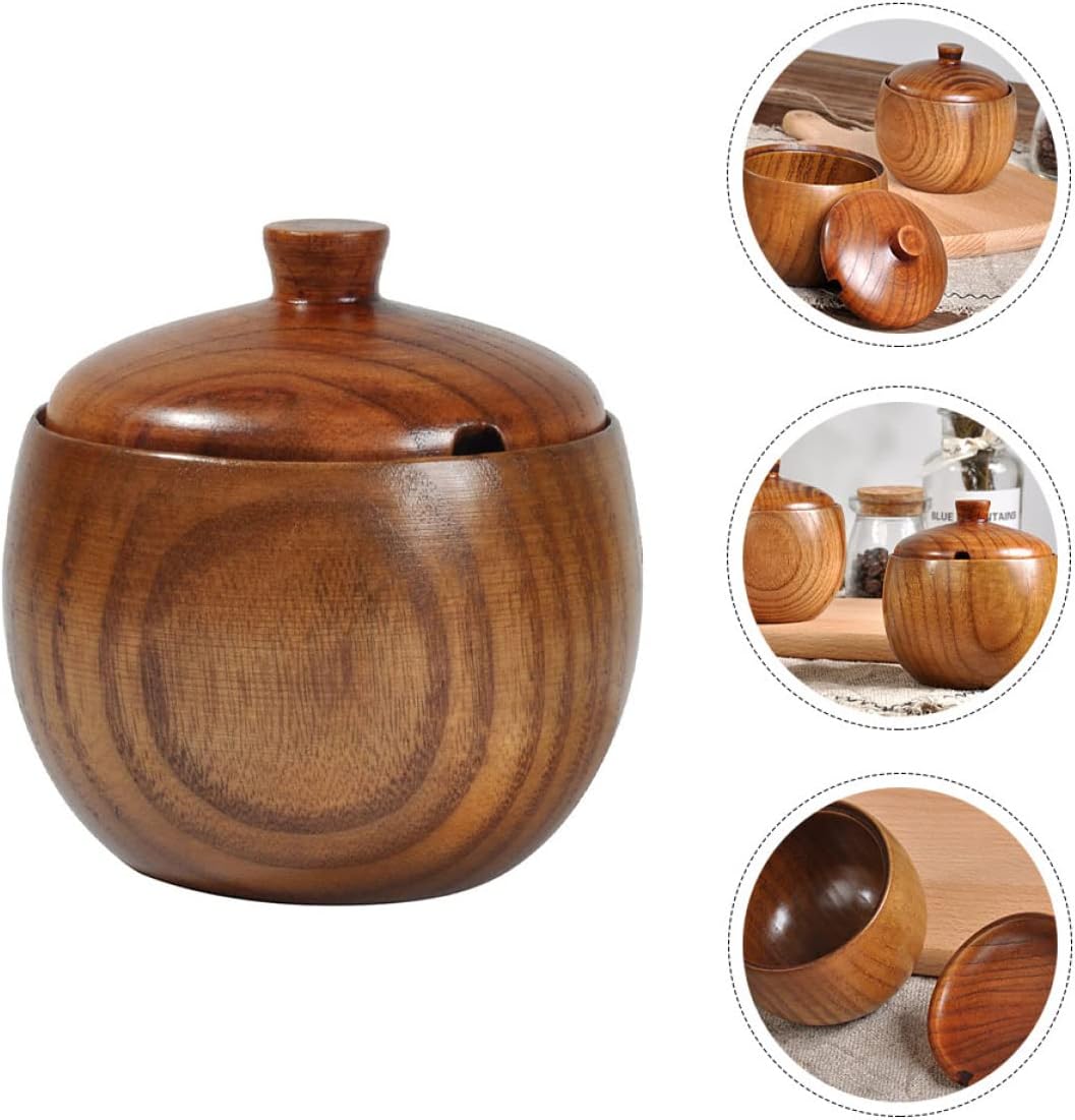 PRETYZOOM Wood Condiment Pot with Lid Hole for Spoon Brown Household Use