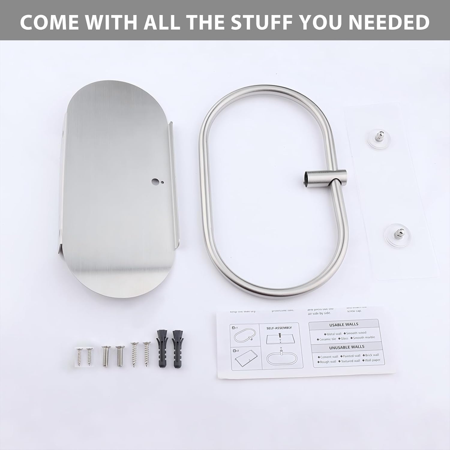 Hand Towel Ring with Shelf Stainless Steel Adhesive Wall Mounted Bath Towels Holder for Bathroom Kitchen (Oval_Silver)