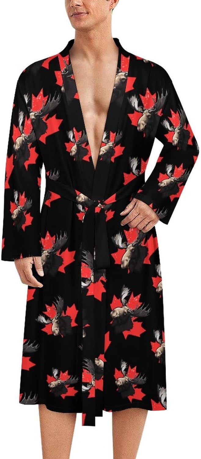 Moose with Canada Flag Mens Robe Long Bathrobe for Women Bath Robes Lightweight Soft Printed Sleepwear
