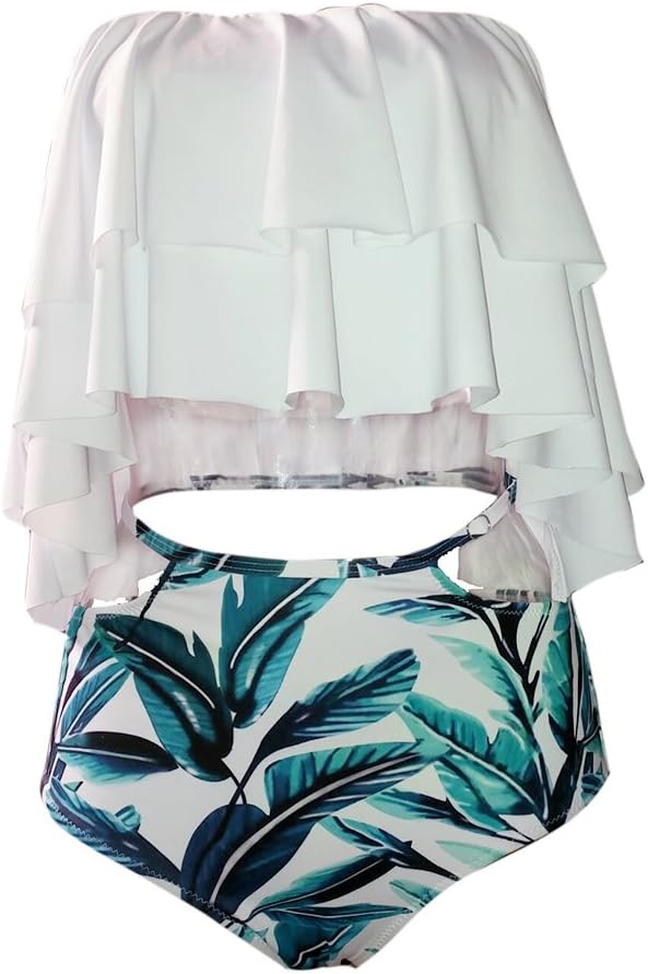 2017 Women Doubledeck Flouncing Swimsuit Plus Size XXL Bathing Suit Sexy Women High Waist Swiming Suits Off Shoulder Swimwear (2X-Large)