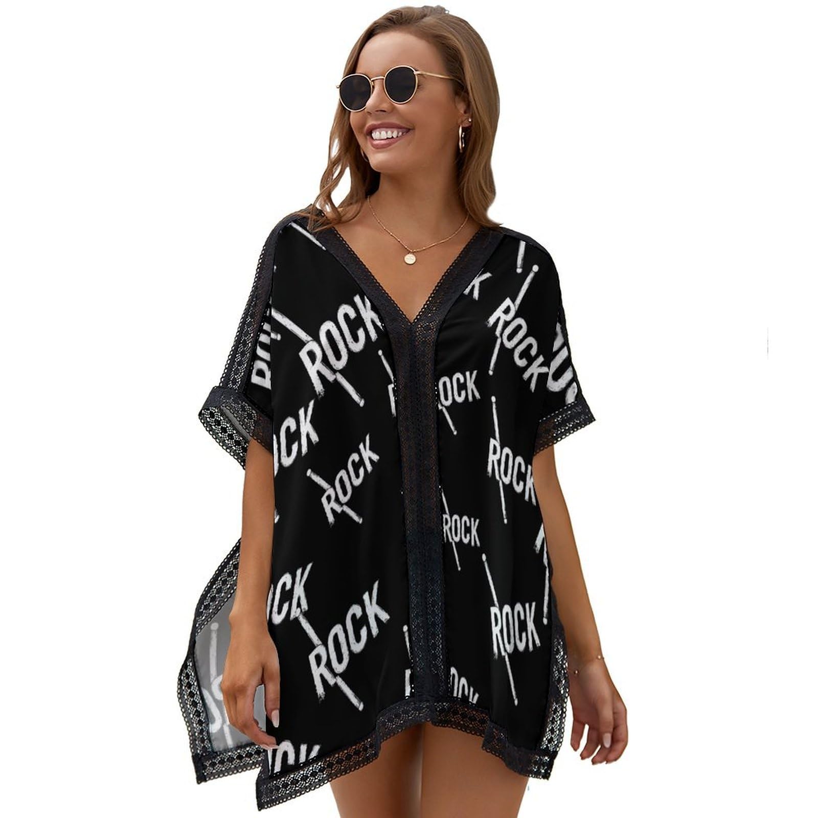 Rock Music Drumsticks Beach Cover Ups for Women Swimsuit Coverup Bathing Suit Bikini Coverups with Lace Edge
