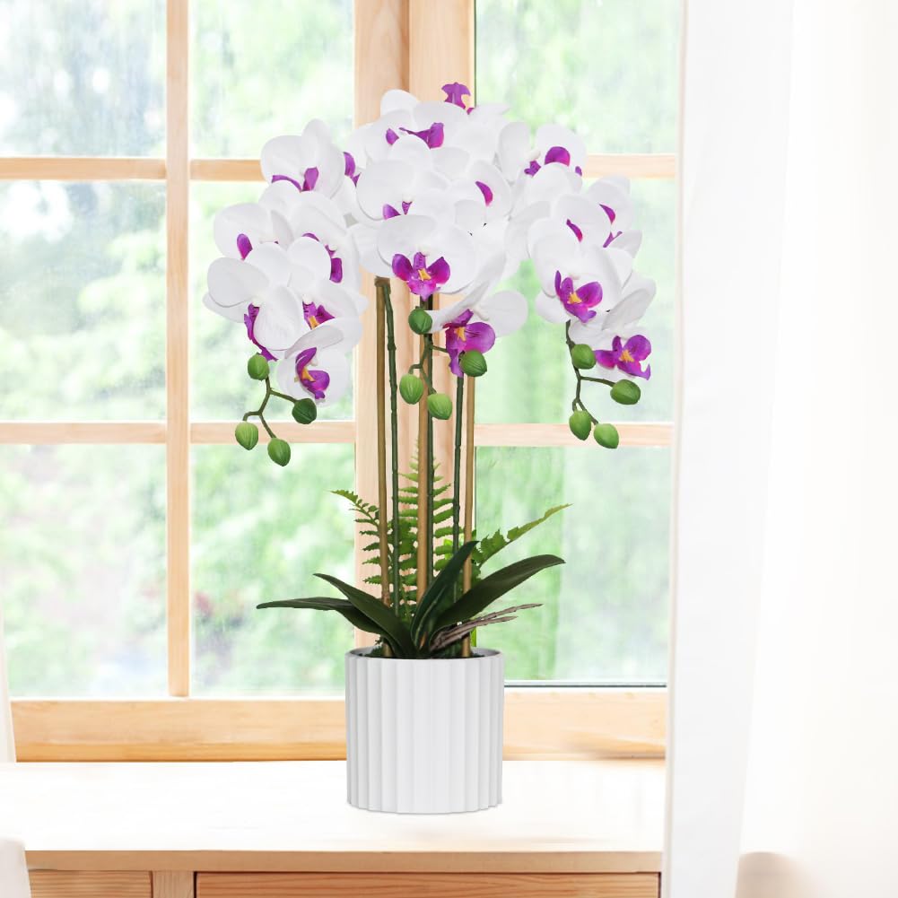 Olrla Flor de orquídea Artificial en Maceta para Interior, bonsái de imitación Phalaenopsis para decoración de hogar, Oficina, Fiesta, jardín (Blanco Y Morado)
