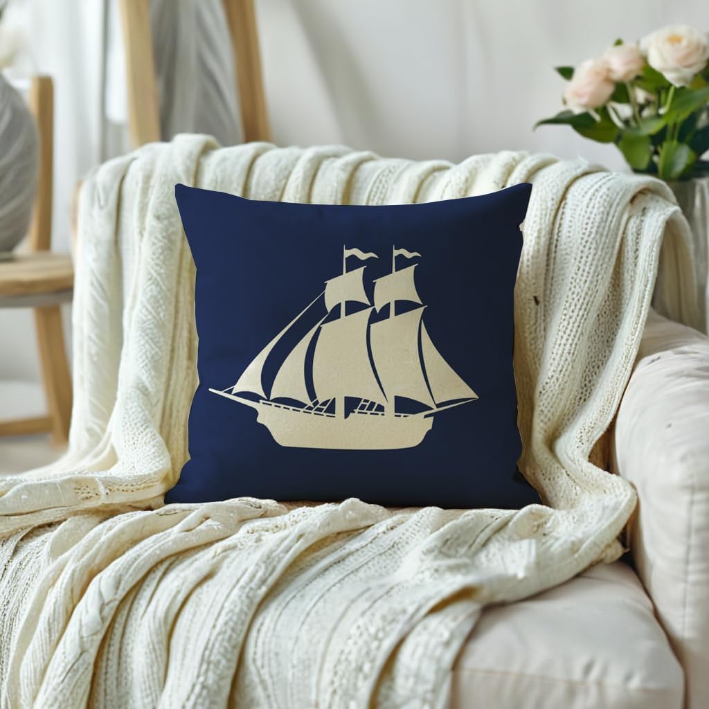 Summer Nautical Throw Pillow Covers Anchor Sailboat Compass Rudder Coastal Ocean Decorative Pillow Cases Navy Blue Home Decor Cushion Covers 18x18 Inches 4Pack for Couch Sofa Porch (Navy/Red) - Image 3