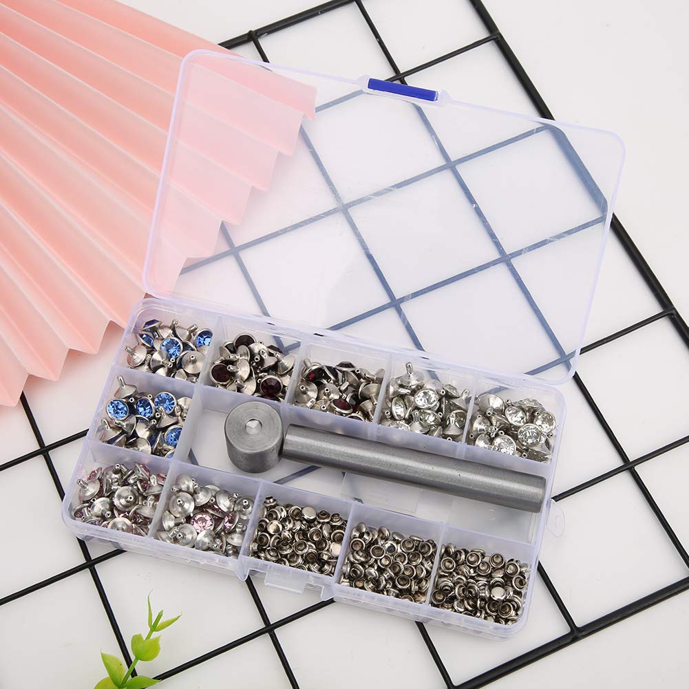 HEEPDD 200 Stück Diamant Nieten Set, 4 Farben Punk Doppelseitige Dekor Kristall Nieten Schnelle Leder Basteln Nieten mit Werkzeugkasten für Ledergürtel Schmuck Schuhe, 10 MM
