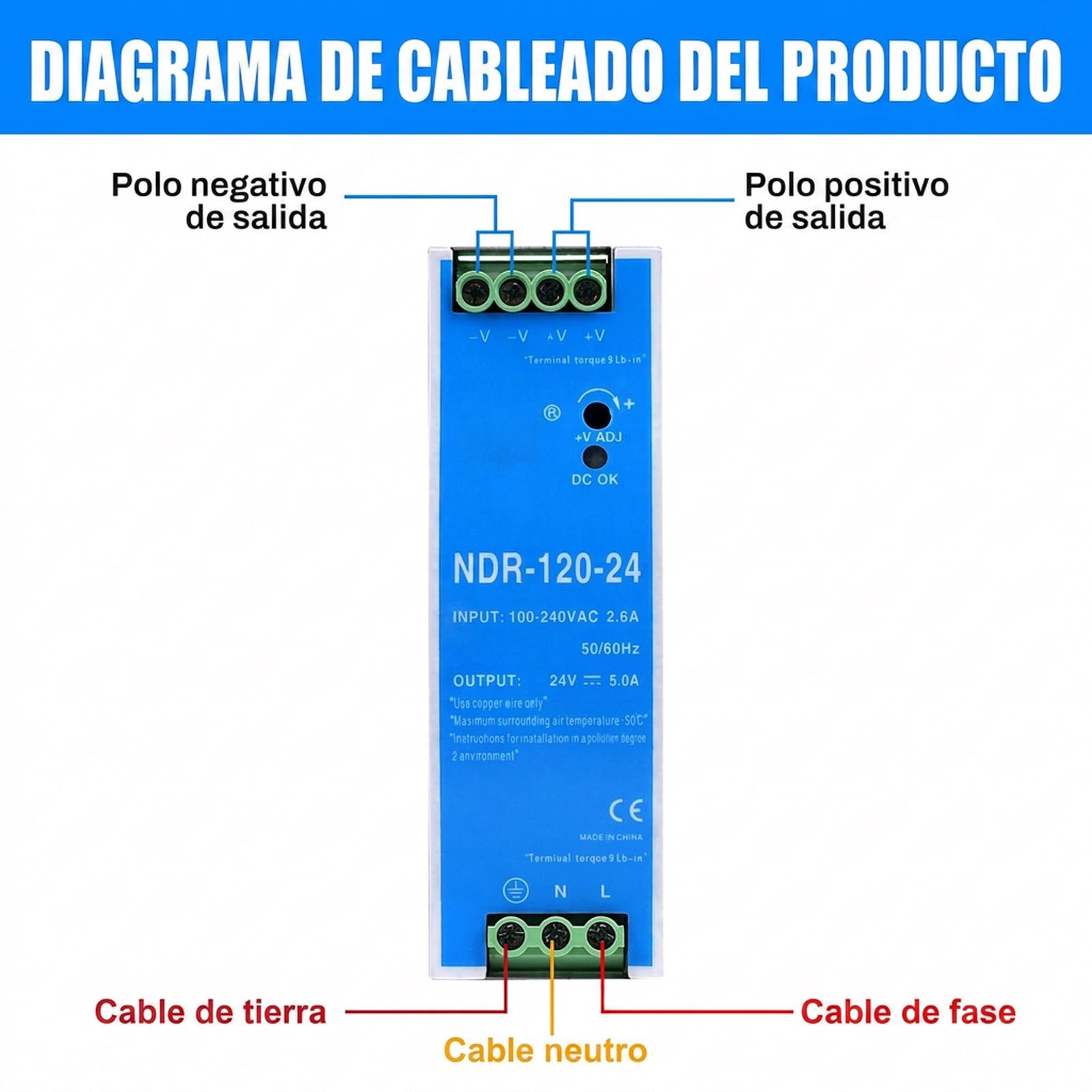 DIN Power 120W Fuente de alimentacion carril din 24V Alimentation sur rail din para entrada de CA 100-220V 2,6A, salida de CC 24V 5A Varias funciones de protección Modelo industrial NDR-120W-24V.