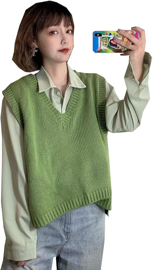 Amazon Yuyo レディース ニット ベスト 通学 ゆったり 無地 Vネック ショート丈 ニットセーター ノースリーブ 通勤 ベスト チョッキ 制服 学院風 秋 冬 トップス おしゃれ 可愛い 大きいサイズ 韓国ファッション ベスト 通販