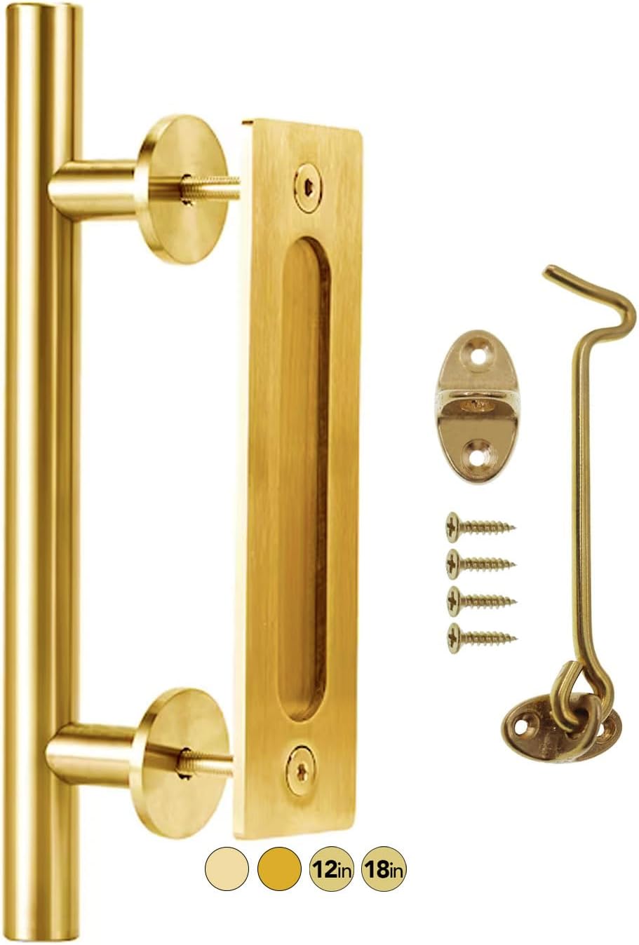 Rio Salto 12-Inch Gold Barn Door Handle Kit with Latch Lock Set Closet Brass Finish Pull Handle Flush Handles Hardware Large Sliding Door Handles 1-Door (Gold - 1Pack w/Lock)