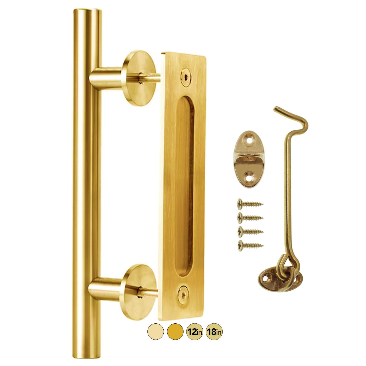 Rio Salto Gold 12-Inch Barn Door Handle Kit With Latch Lock Set Closet Brass Finish Pull Handle Flush Handles Hardware Large Sliding Door Handles 1-Door ( - 1Pack W/Lock)