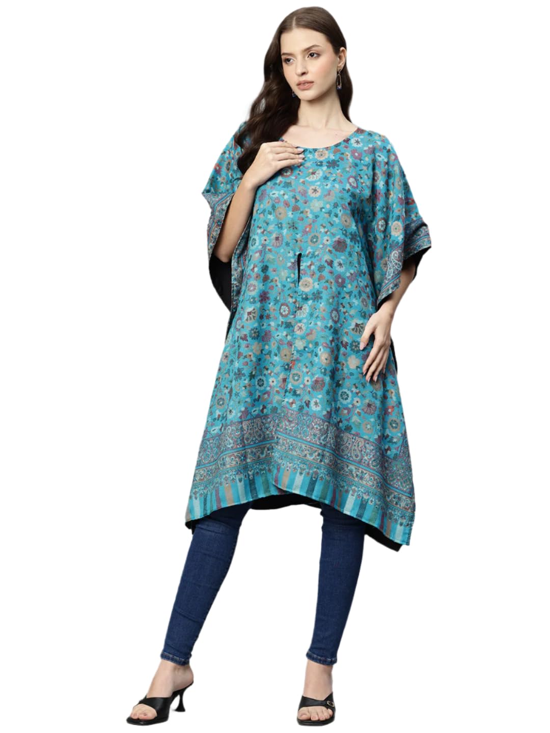 Women Turquoise Kani Woven Yoke Design Kaftan KF10_Turquoise-image-2