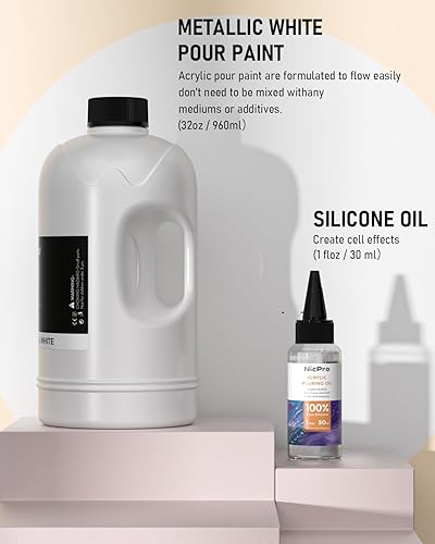 Miniatura 2 de Pintura acrílica blanca metálica de color perla para verter, suministros de pintura premezclada de 32 onzas con aceite de silicona, guantes para