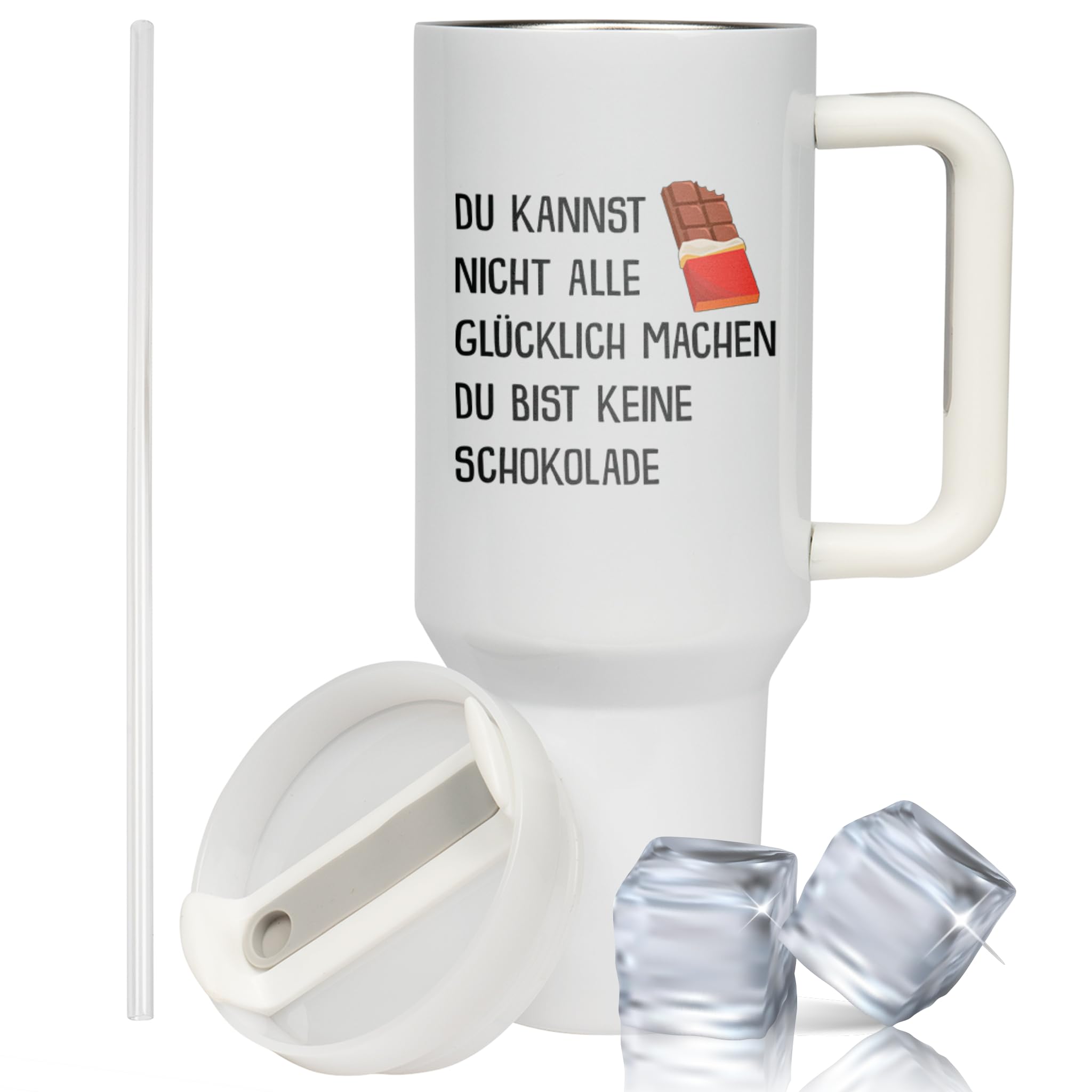XXL Thermobecher für Frauen, Männer & Kollegen – Lustiges Geschenk zum Geburtstag & Abschied – Edelstahl Trinkflasche, Weiß mit Schokolade Spruch (WIEDERVERWENDBAR)