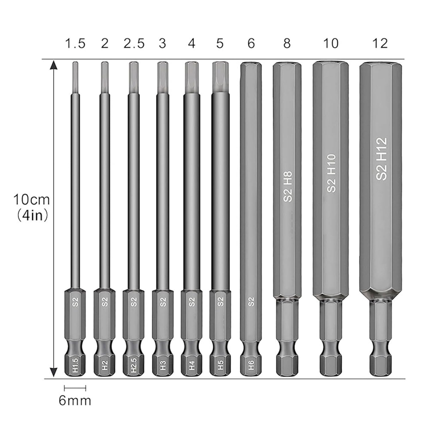 1.5-12mm 1/4 Inch Hex Head Allen Wrench Screwdriver Drill Bit Set Magnetic Tip 100mm S2 10Pcs
