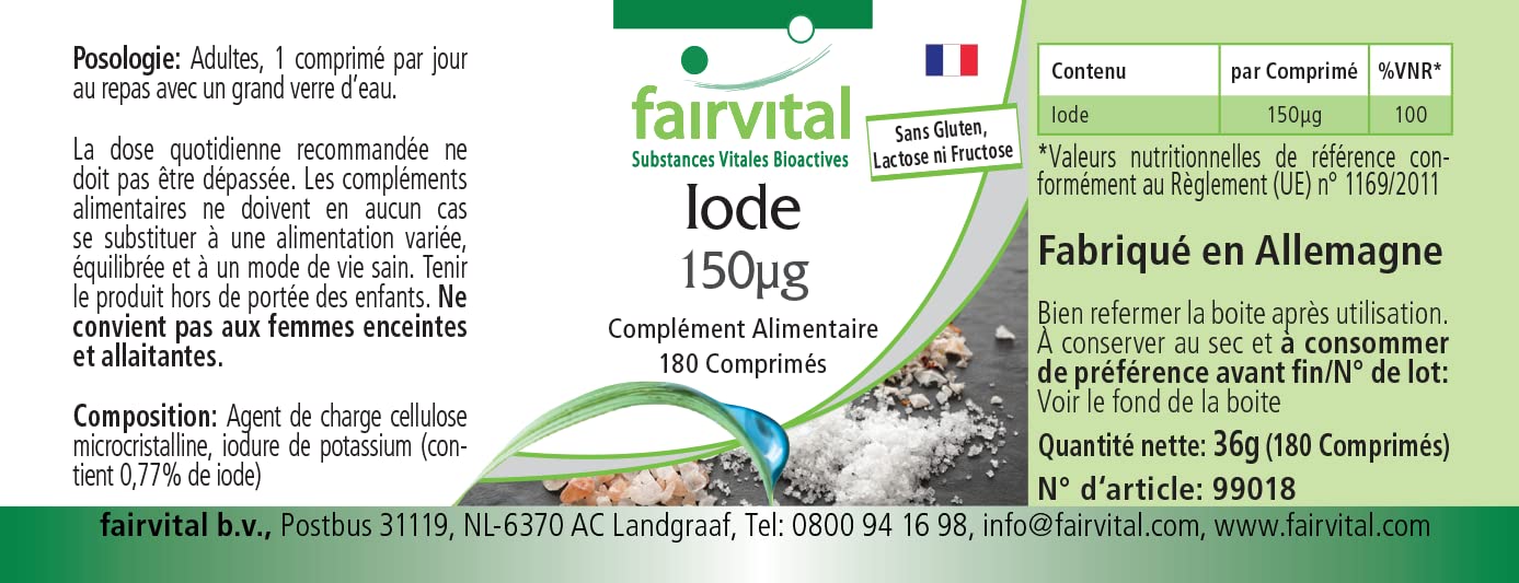 fairvital Compresse di iodio, 180 compresse, facili da deglutire, ALTO DOSAGGIO con 150 µg di iodio per compressa, a base di ioduro di potassio, VEGANE