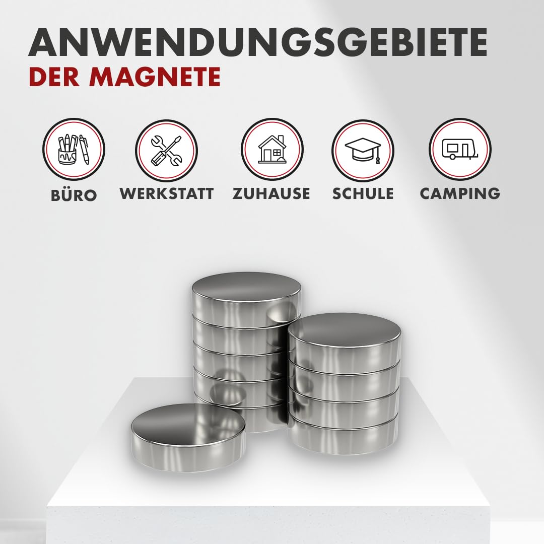 10 Stück Neodym Power Magnet silber - Scheibenmagnet extra stark rund - Durchmesser 20x5mm hoch - starke Magneten Supermagnet - Haftkraft ca. 9kg - für Magnettafel, Werkstatt