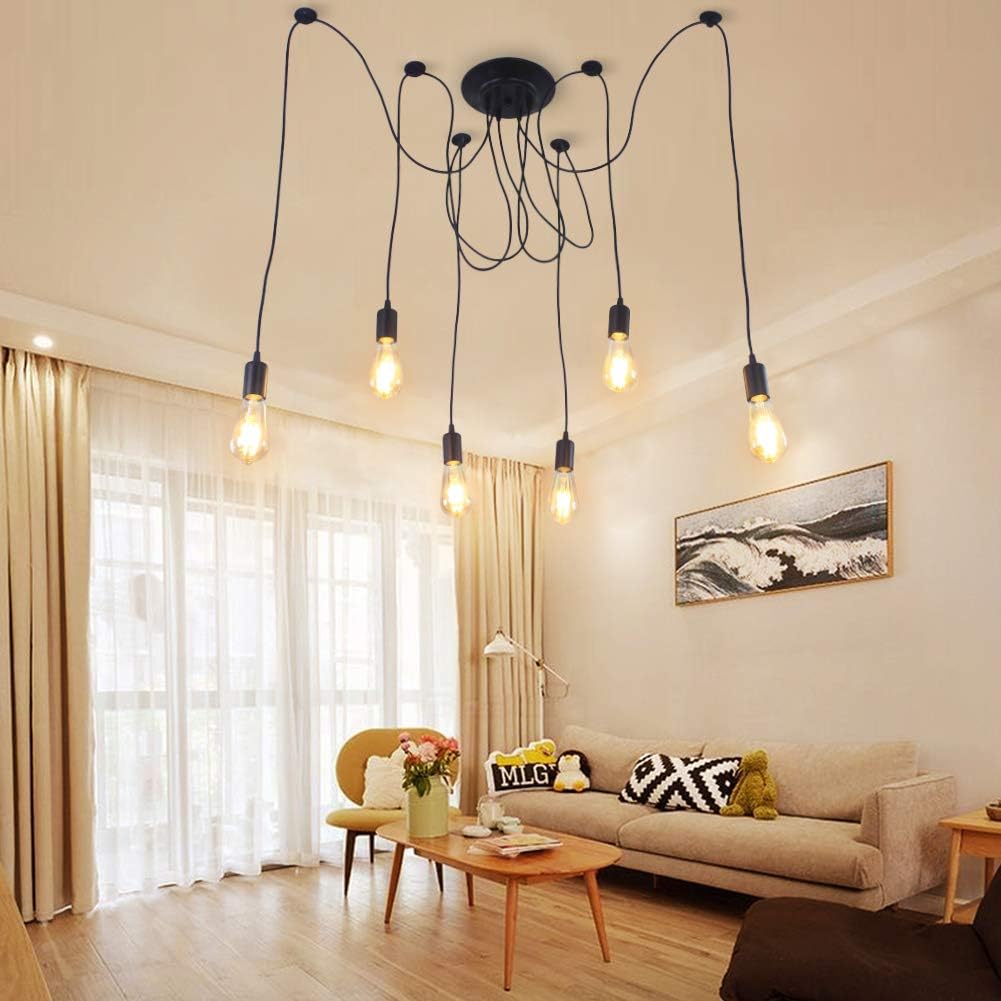 Finktonglan 8-Light Spider Pendant Chandelier, Adjustable 48.4" Cords, E26 Sockets, Black Modern Farmhouse Multi-Light Ceiling Fixture for Kitchen Island, Dining Room & Foyer