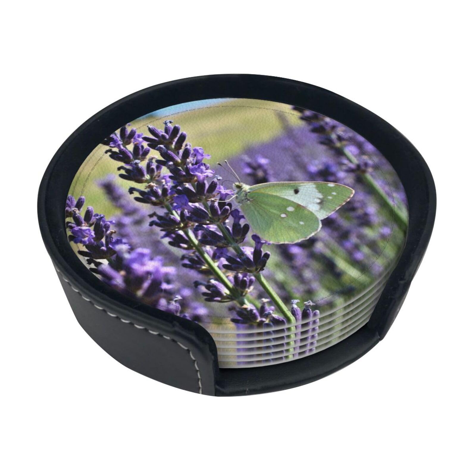 Cntdbu White Lavender Butterfly Field Leather Coasters Set Of 6-Pu Leather Drink Mats For Table, Heat Resistant Round Coasters With Holder