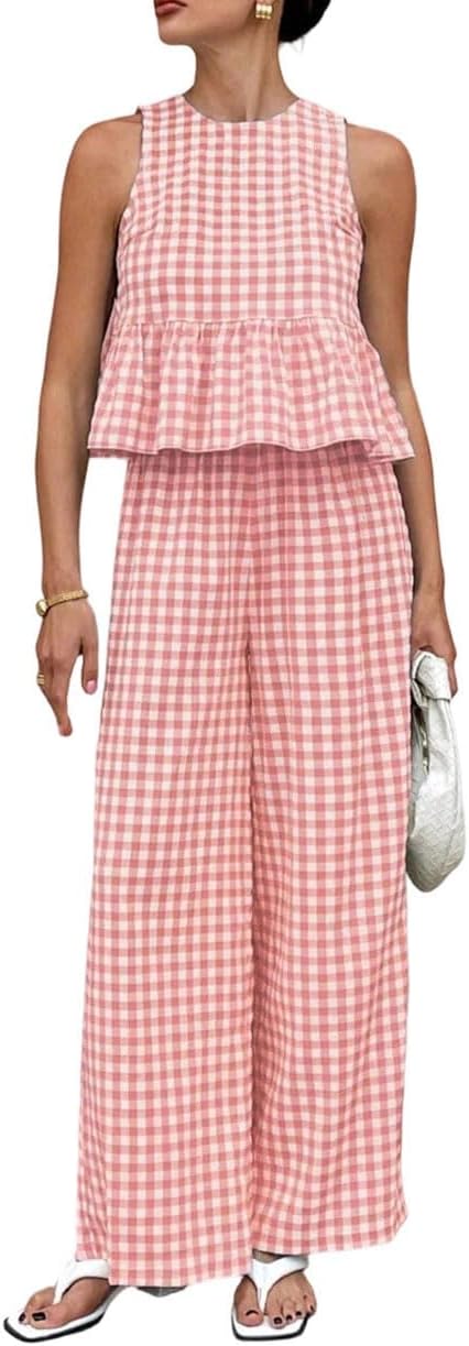 Women Casual Crew Neck Sleeveless Tops Set High Waist Straight Trousers Summer Vacation Outfit