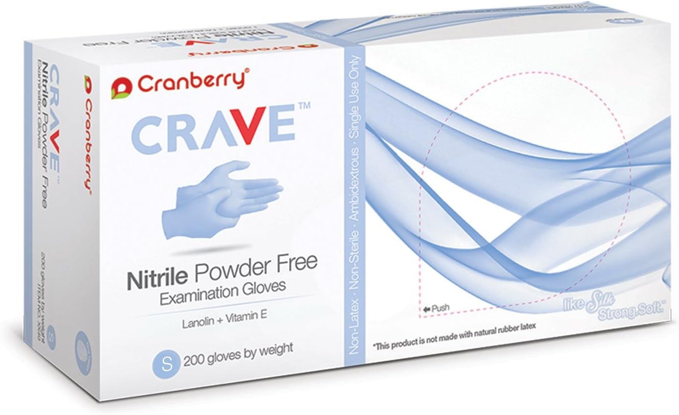 Cranberry CR3556 Crave Nitrile Powder Free Examination Glove, Small, Blue (Pack of 200)