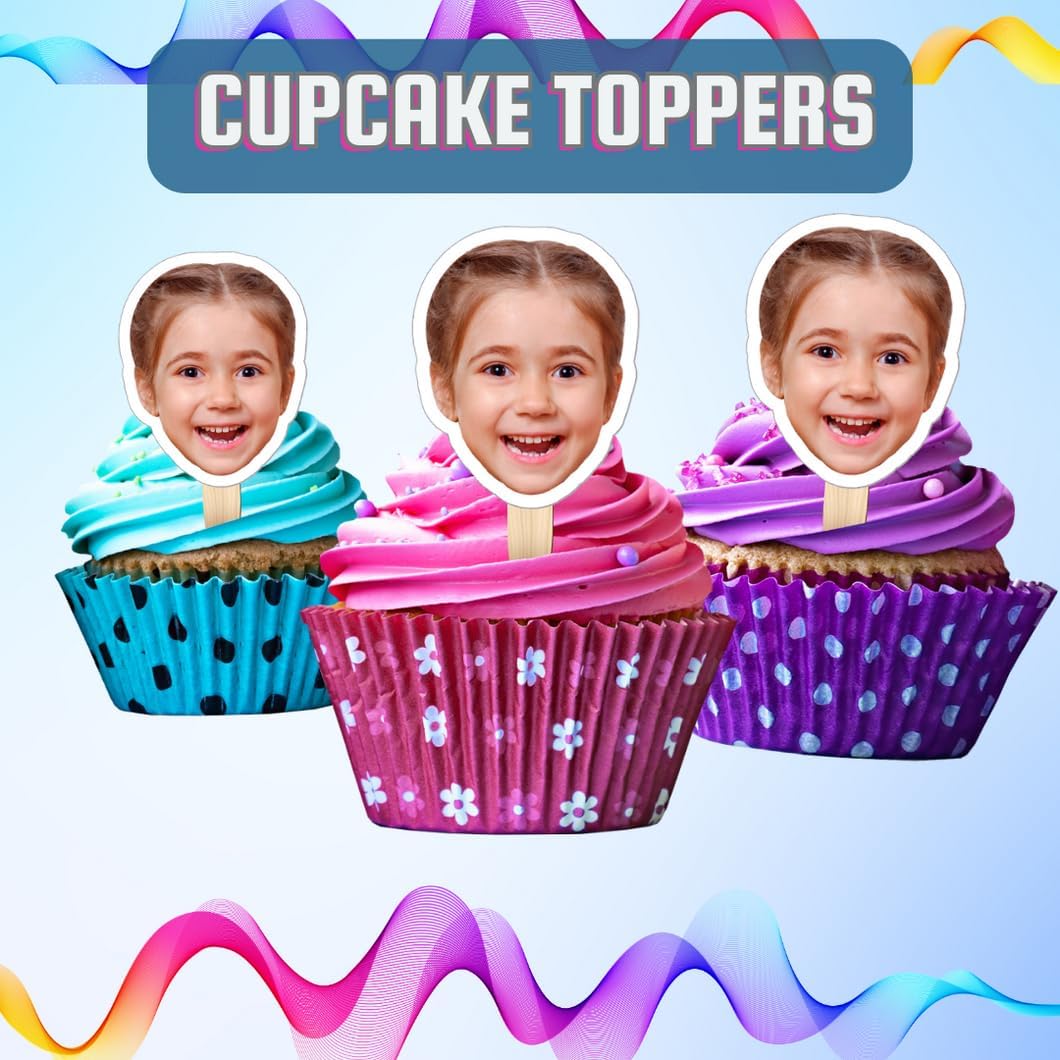Build A Head - Cupcake Toppers - Custom Cardstock Face Cutouts - Personalized Face Cut Outs for Birthday Decorations - Customized Toppers for Party Décor, Special Events & Occasions (3" x 3", 12-PACK)