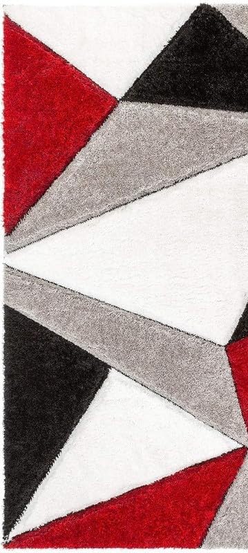 Image of Naze Carpet for Hallway, Kitchen, and Modern Interiors, Contemporary Color Block Area Rug - Cozy Shag Runner for Living Room, Entryway & Office Decor ETC Size 2x5 feet, Patten-Solid Ivory Red Tri-