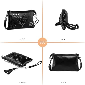Black Clutch for Women PU Leather Small Handbags for Ladies Tassel Cross Body Shoulder Bag Rivets Crossbody Bag with Wrist Strap