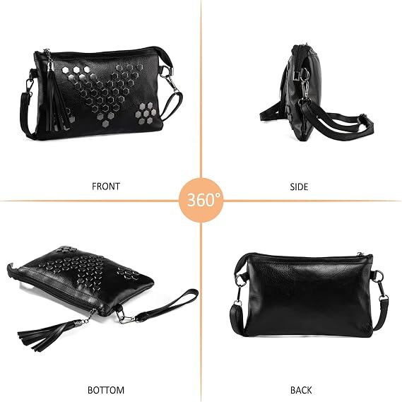 Black Clutch for Women PU Leather Small Handbags for Ladies Tassel Cross Body Shoulder Bag Rivets Crossbody Bag with Wrist Strap