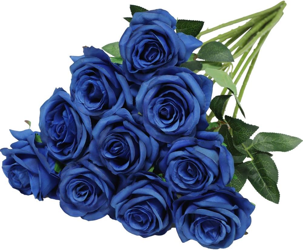 Artificial Silk Rose Flower Bouquet Lifelike Fake Rose for Wedding Home Party Decoration Event Gift 10pcs (Blue)