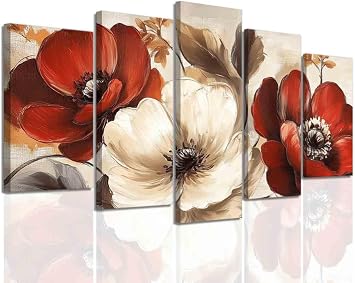BJYCHG 5Pcs Red Poppy Canvas Wall Art Flower Bathroom Pictures Elegant Poppies Vintage Poster Prints Rustic Floral Paintings Large Bedroom Kitchen Decor Beige, 8x14inx2 8x18inx2 8x22inx1