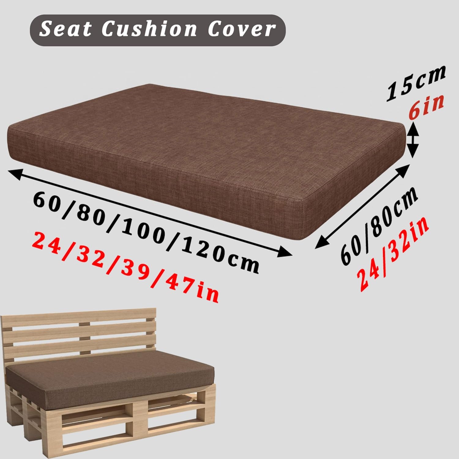 Générique Housse De Coussin Palette Faux Lin Assise Dossier avec Fermeture Éclair Et Fond Antidérapant pour Canapé Jardin Extérieur Taille Personnalisable Housse Uniquement(Gris,Seat 80x120cm)