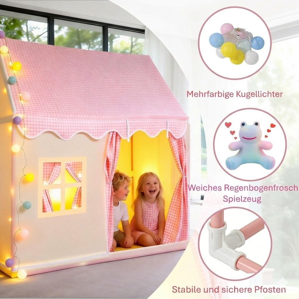 Spielzelt für Mädchen rosa mit LED-Lichterkette & Regenbogen-Spielzeugfrosch – kinderzelt Indoor, spielzelt Kinder Indoor, Zelt kinderzimmer 3–7 Jahre, Pop Up kinderzelt draußen mit Tragetasche