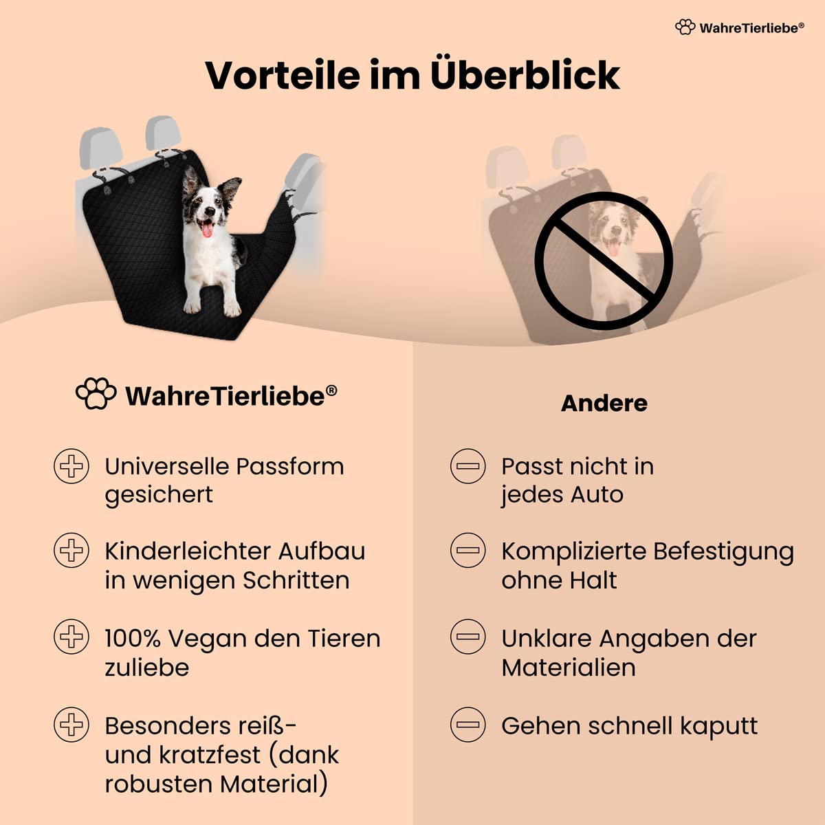 Wahre Tierliebe® Hundedecke Auto Rückbank - waschmaschinenfest - universelle Passform für Kleinwagen, Kombi, SUV - Autoschondecke Hund, Rücksitzschoner, Rückbankschoner, Autodecke Hund Rücksitz