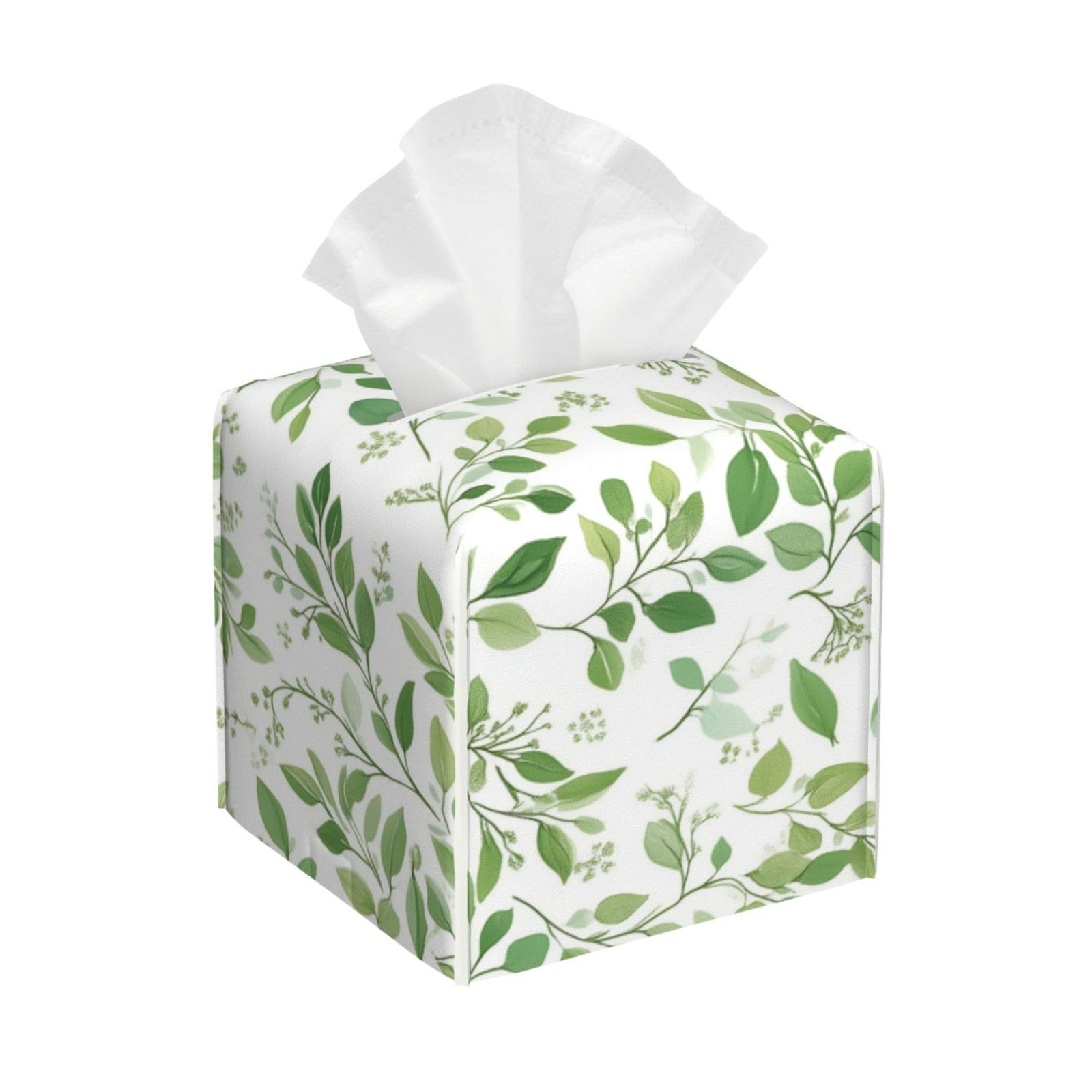 Tissue Box Cover, Green Leaf Leather Tissue Box Cover Square Organizer, Room Decoration For Bathroom Kitchen Office Night Stands Tabletop