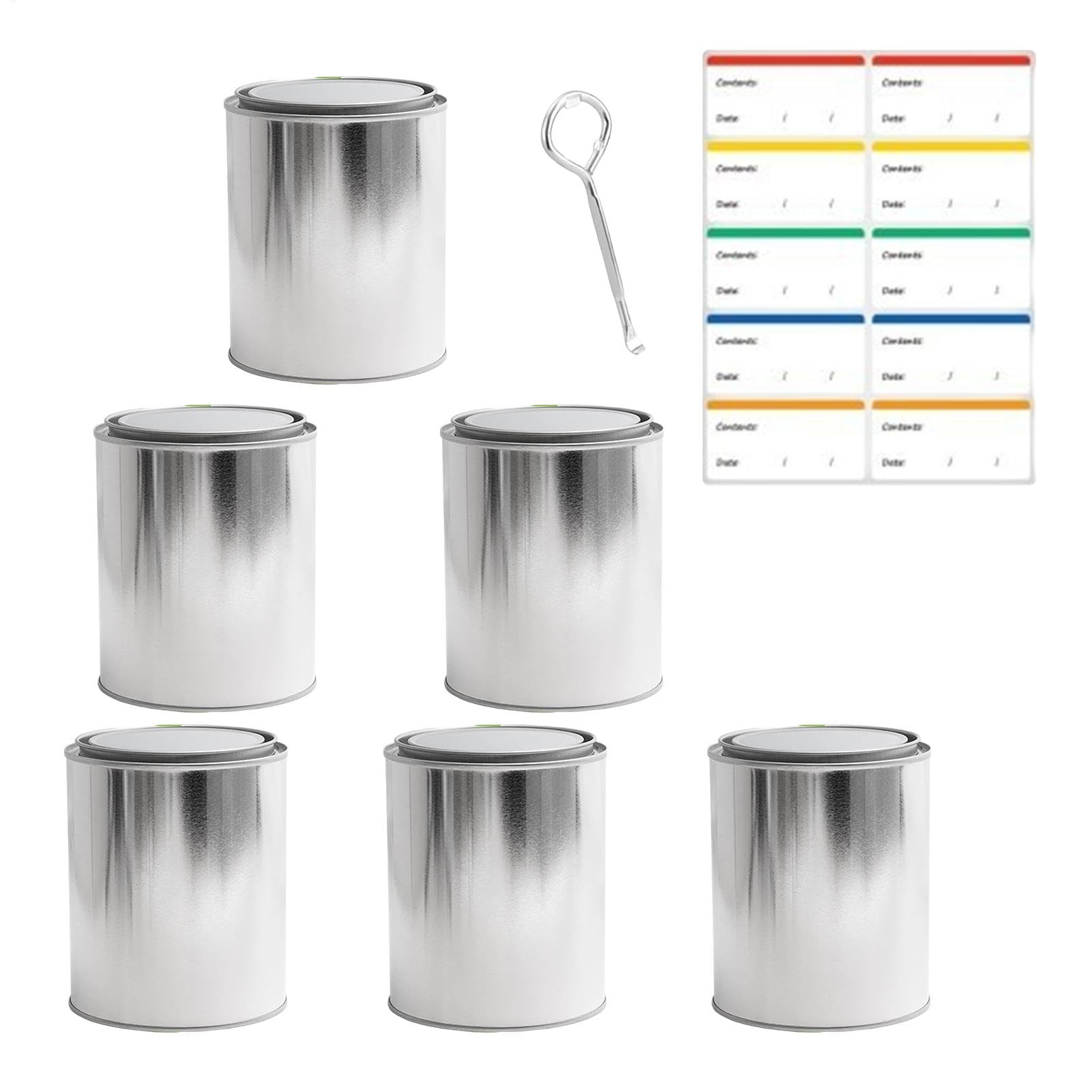 Latas de pintura vacías, recipientes de pintura sin forro con abrelatas y calcomanías, organización de garaje, cubo organizador plateado para disolventes, artes, manualidades, proyectos de