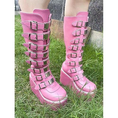 Image of Parisuit Women's Knee High Goth Platform Boots Lace Up Combat Boots