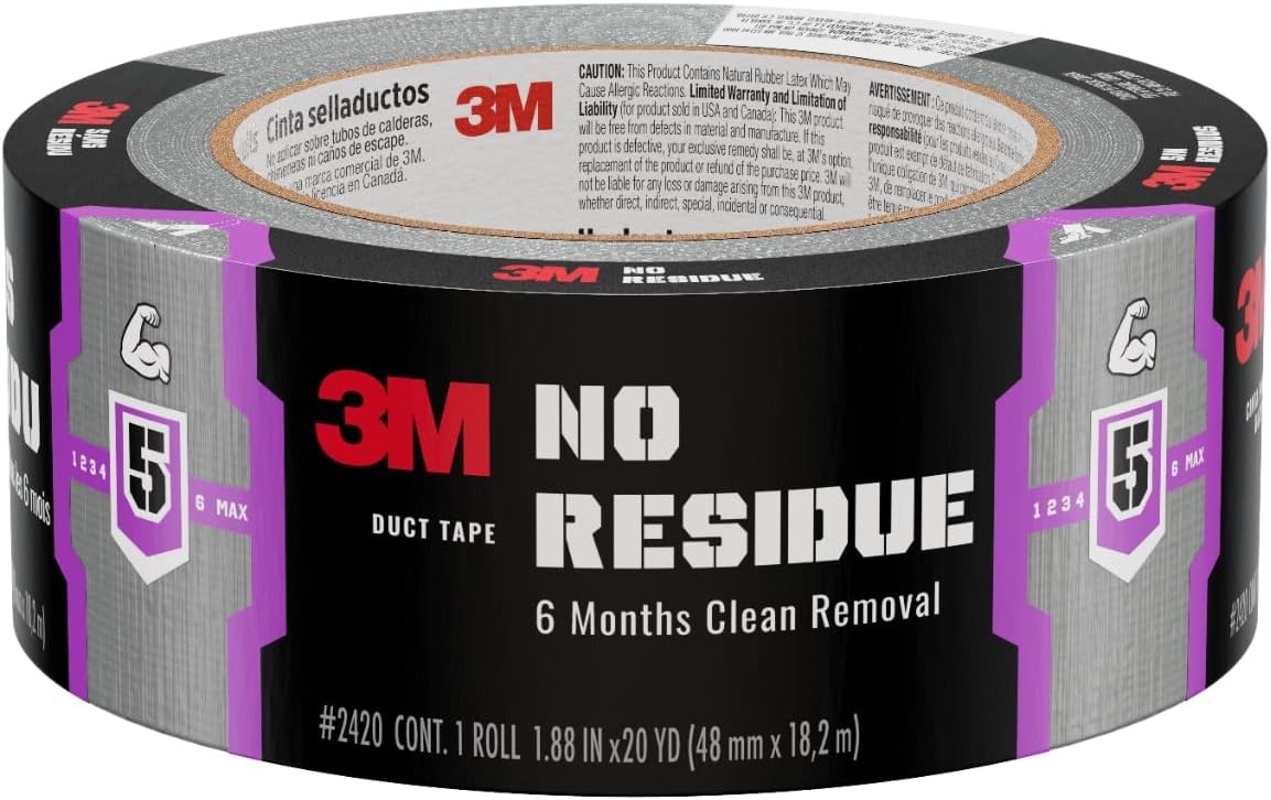 Scotch Tough No-Residue Duct Tape 1.88 in x 20 yd, Gray – Heavy Duty All-Weather Easy-Tear Cloth Tape, Residue-Free for 6 Months, Ideal for Indoor/Outdoor Repairs and Bundling