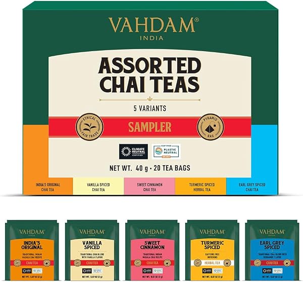 VAHDAM, Échantillon De Thé Assortis Chai - Coffret Cadeau De Thé (5 Saveurs, 20 Sachets De Thé) Coffret D'Infusion De Thé Avec De Thé Chai | Sachet Pyramide | Cadeau Pour Femme et Homme - 1