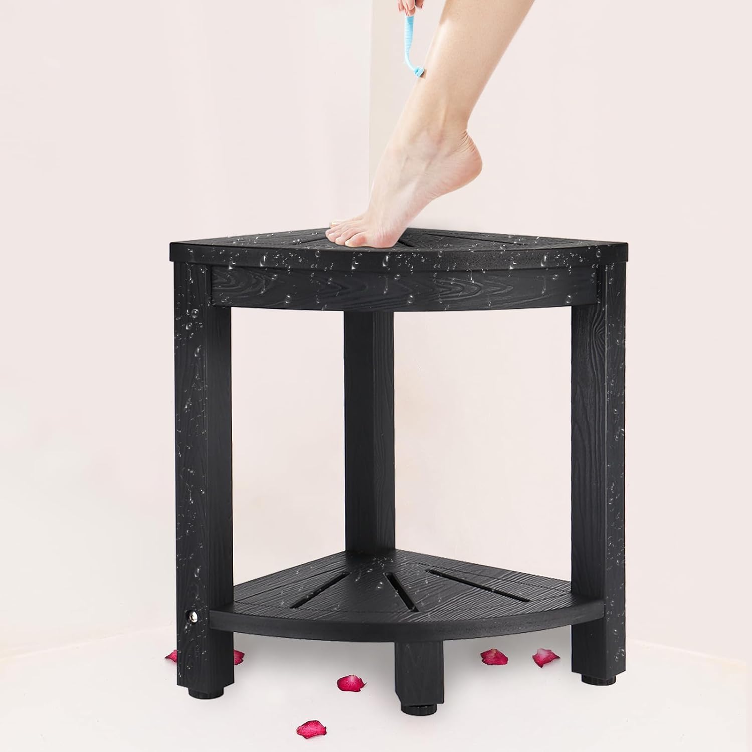RayLove Shower Foot Rest 17 in, Not Moldy Showers Stool Corner Bench with Storage Shelf, Water Repellent Shower Stool for Shaving Legs, Corner Seat for Bathroom Living Room Spaces