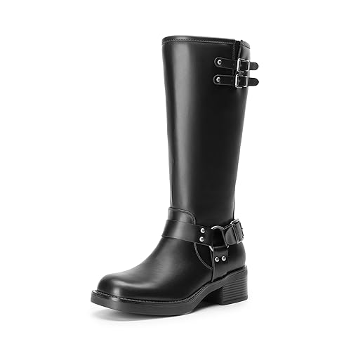 DREAM PAIRS Women's Knee High Boots Square Toe Motorcycle Boots Chunky Low Heel Fashion Buckles Biker Riding Boots with Side Zipper - 7 - Black-pu