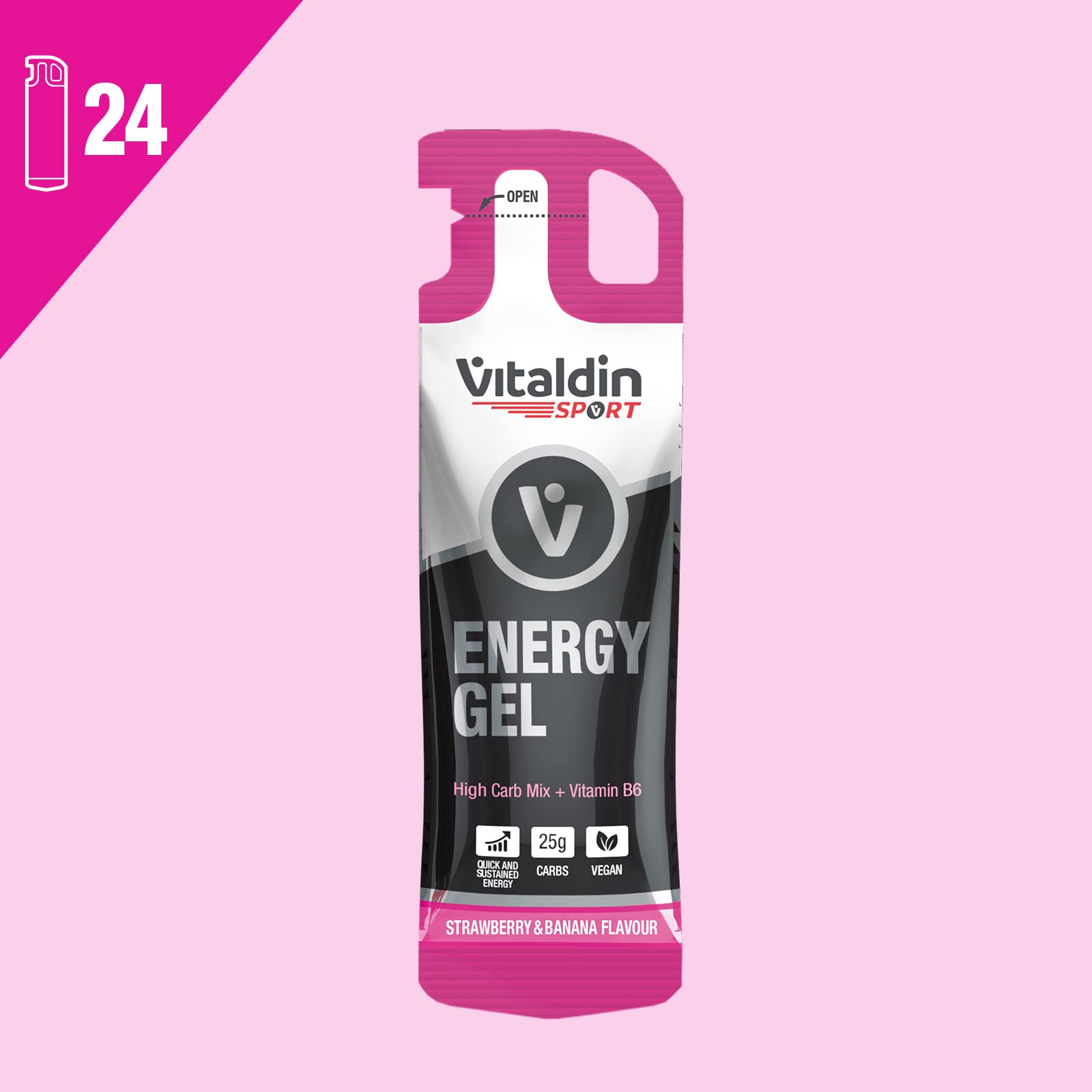 VITALDIN SPORT Energy Gel – 24 GEL x 40 gr – Gel Energetico Fragola & Banana con Vitamina B6 (Senza Caffeina) – Energia Rapida e Rilascio Graduale – Running, Ciclismo & Sport di Lunga Durata