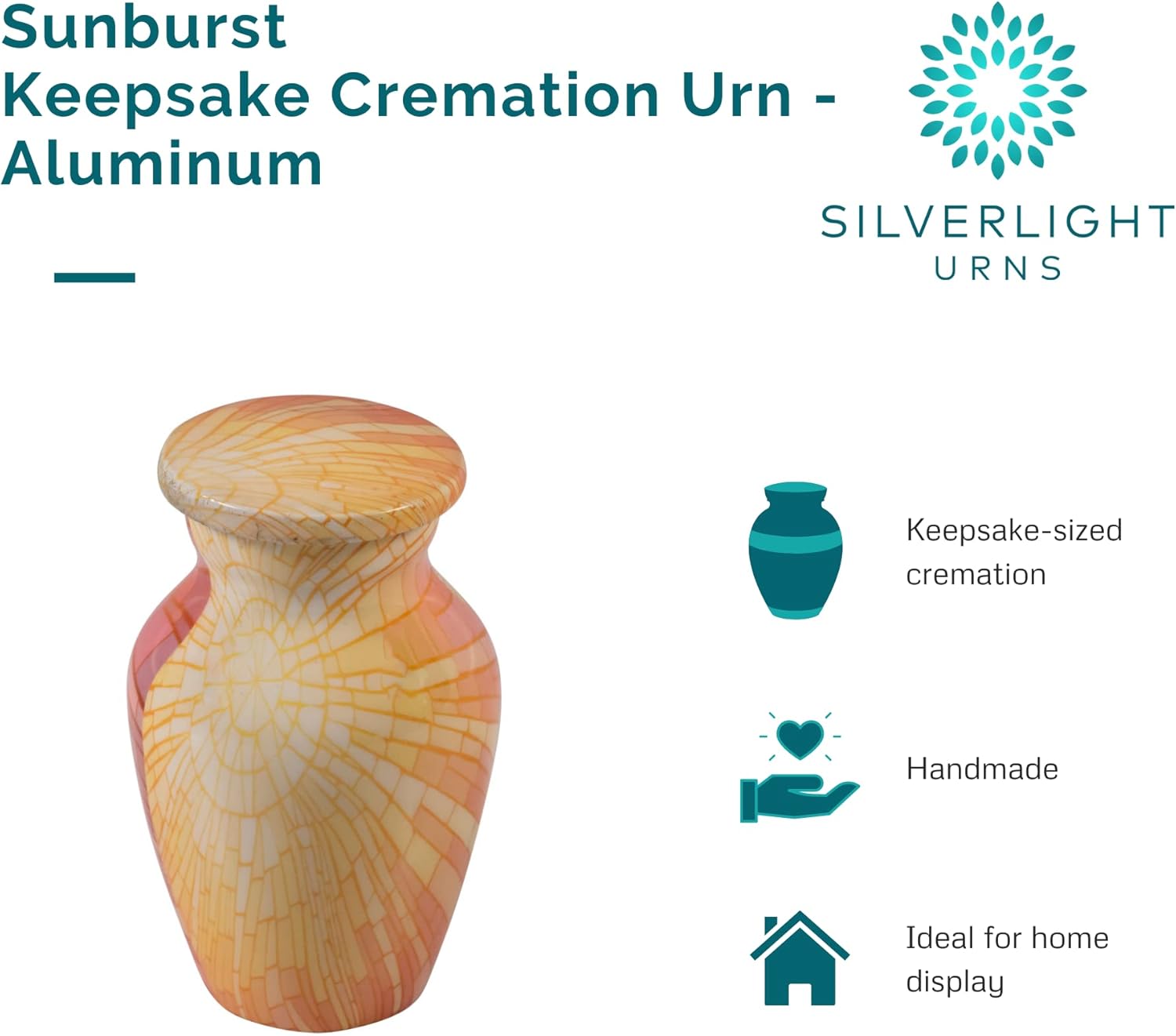 Sunburst Keepsake Cremation Urn for Ashes, Aluminum, Orange and Yellow Urn, Keepsake Sized Cremation Urn, 3 Inches High