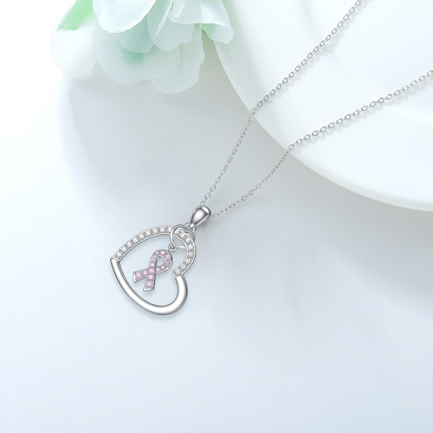 AOBOCO Sterling Silver Breast Cancer Awareness Necklace Survive Pink Ribbon Pendant Gifts for Women - Image 4