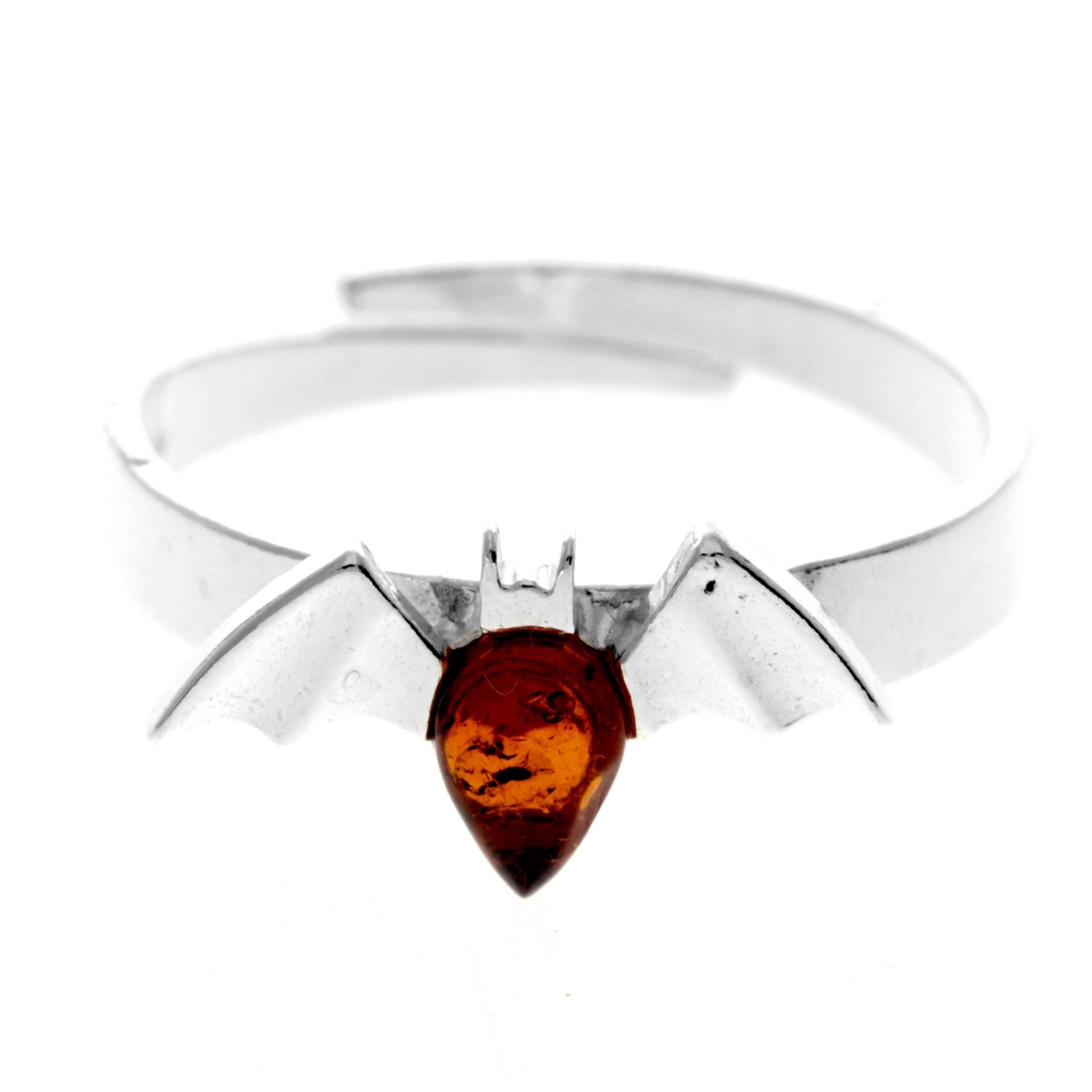 SilverAmber JewelleryUK - Genuine Baltic Amber & 925 Sterling Silver Bat Designer Adjustable Ring - AR16