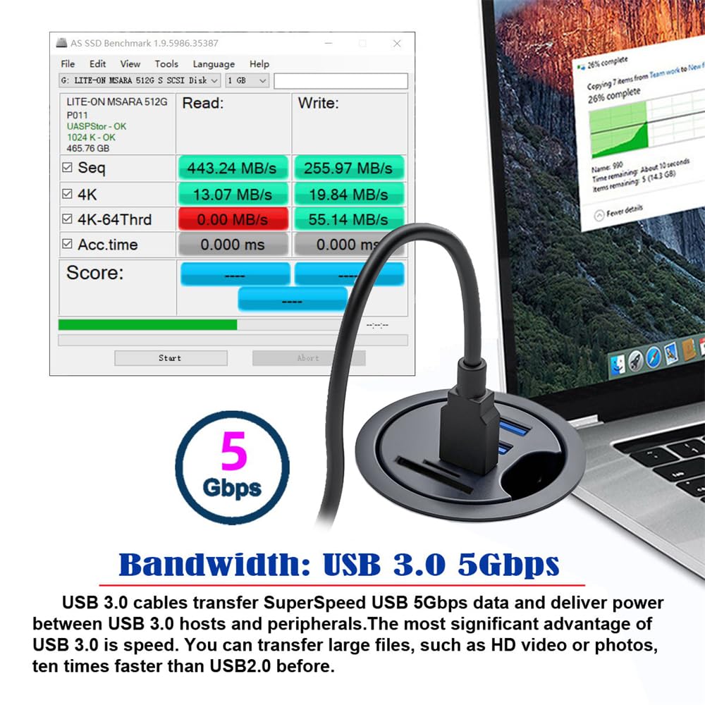 NFHK USB 3.0 Hub SD TF USB-C 2 Port USB 60mm Desk Grommet Splitter Dock Station Micro-SD Card Reader for Desktop PC