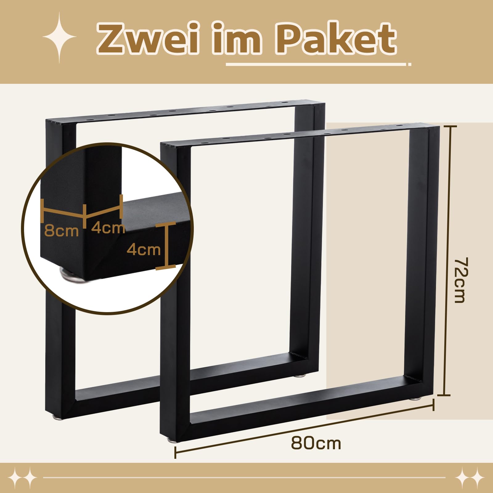 Thanaddo 2er Set Tischbeine Metall, Schwarze Tischkufen aus Vierkantprofil, 80x40 mm stabile Tischgestell für DIY-Schreibtisch Esstisch Couchtisch Bänke, Möbelfüße inkl. Bodenschoner (80x72cm)