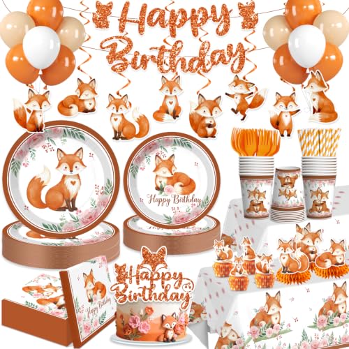 Xynic 205pcs Fox Birthday Decorations Serves 25 - Fox Party Supplies for Kids Birthday Woodland Birthday Kit with Balloons Banner Tableware Cake Topper Forest Animal Themed Celebration