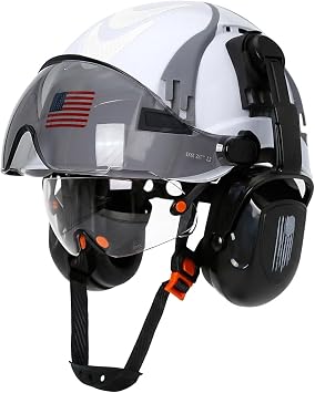 Hard Hat with Dual Visor and Hearing Protection-OSHA Approved Construction Hard Hats with Visor Sunglasses Earmuffs for Men,Vented Forestry Chainsaw Arborist Helmet with Chin Straps