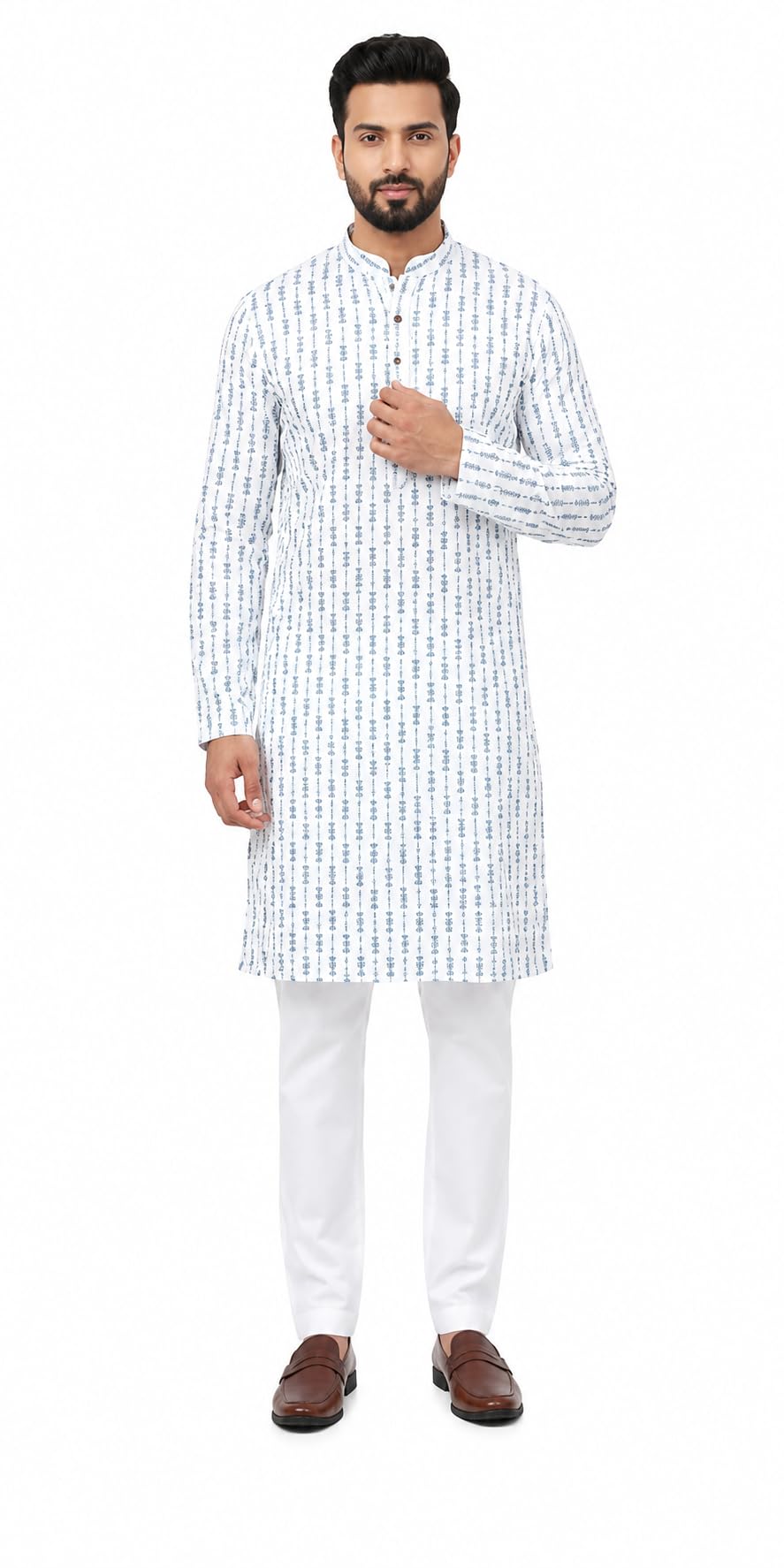 Men's White Printed Kurta with pajama set Blue Stripe Pattern,sequence work (S)-image-12