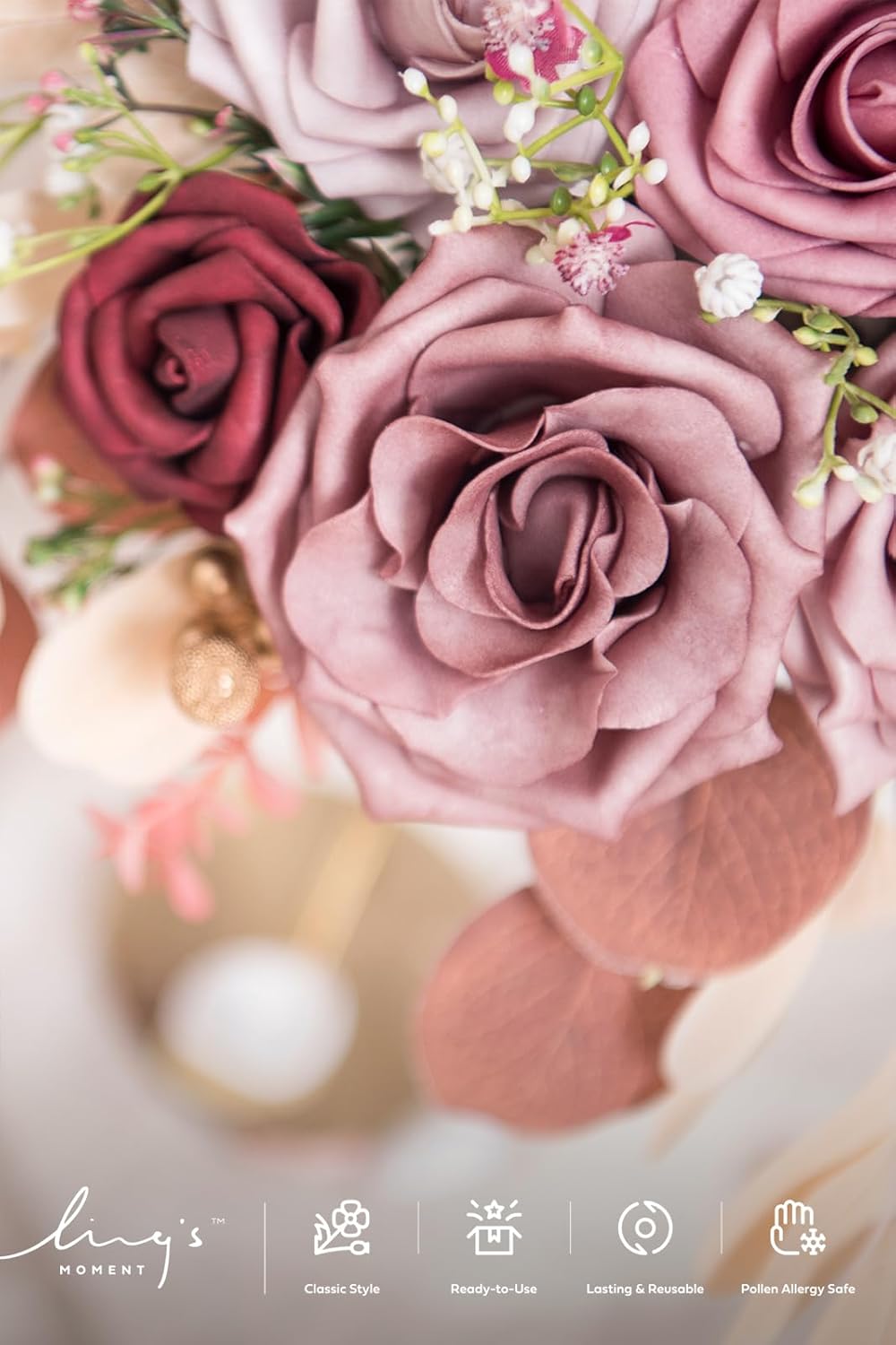 Ling's moment Fake Flowers Box, Faux Artificial Greenery Stems Foam Roses Silk Eucalyptus Fabic Flower for Centerpieces Bouquet Wedding Table Floral Vase Bridal Shower Party, Dusty Rose, Grand Combo - Image 5