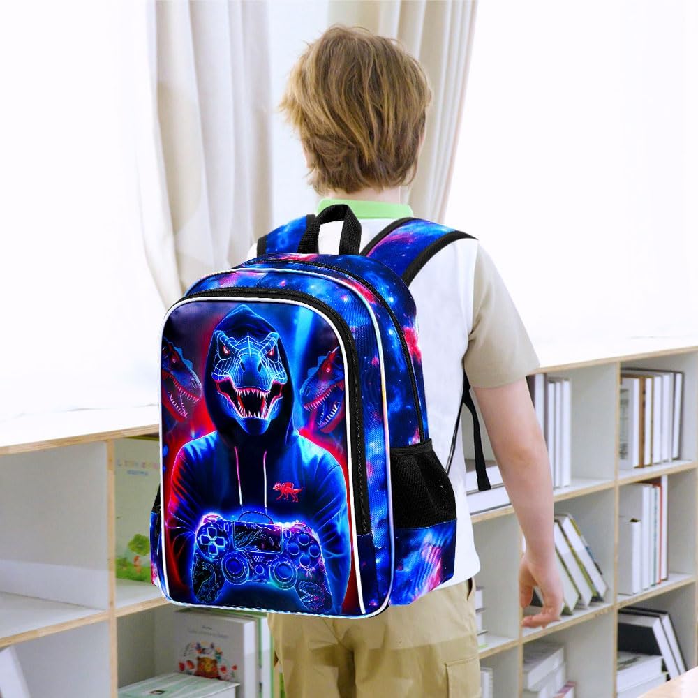gxtvo 3PCS Kids Dinosaur Game Bookbag, 17" Boys Dino Backpack with Lunch Box, Water Resistant Middle Elementary School Bag - Dinosaur Game - Image 8